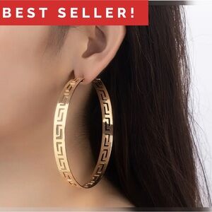 Gold Tone Big Hoop Earrings Versace-esque Greek Key Design